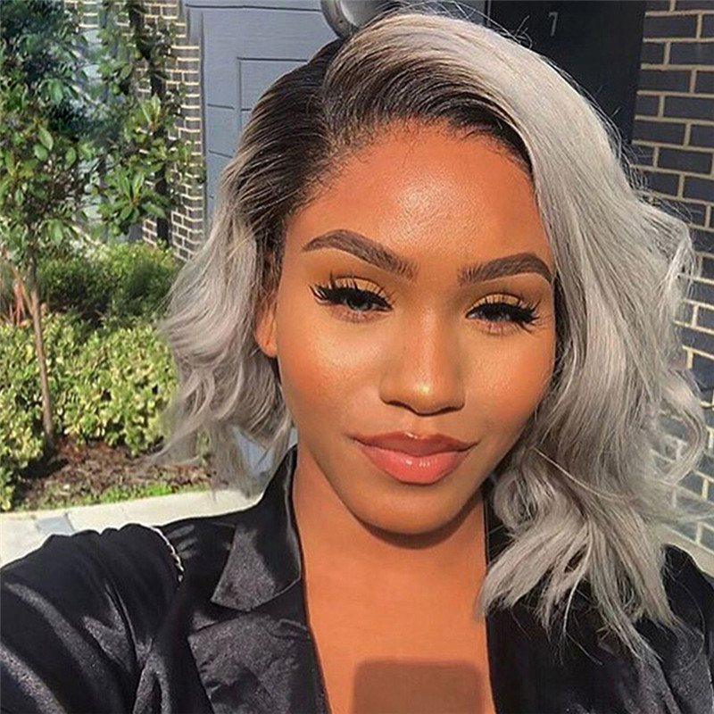 1B/Grey Human Hair Wig Wavy Bob Lace Front Human Hair Wigs Brazilian Remy Preplucked Grey Colored Lace Front Wigs Closure Wig