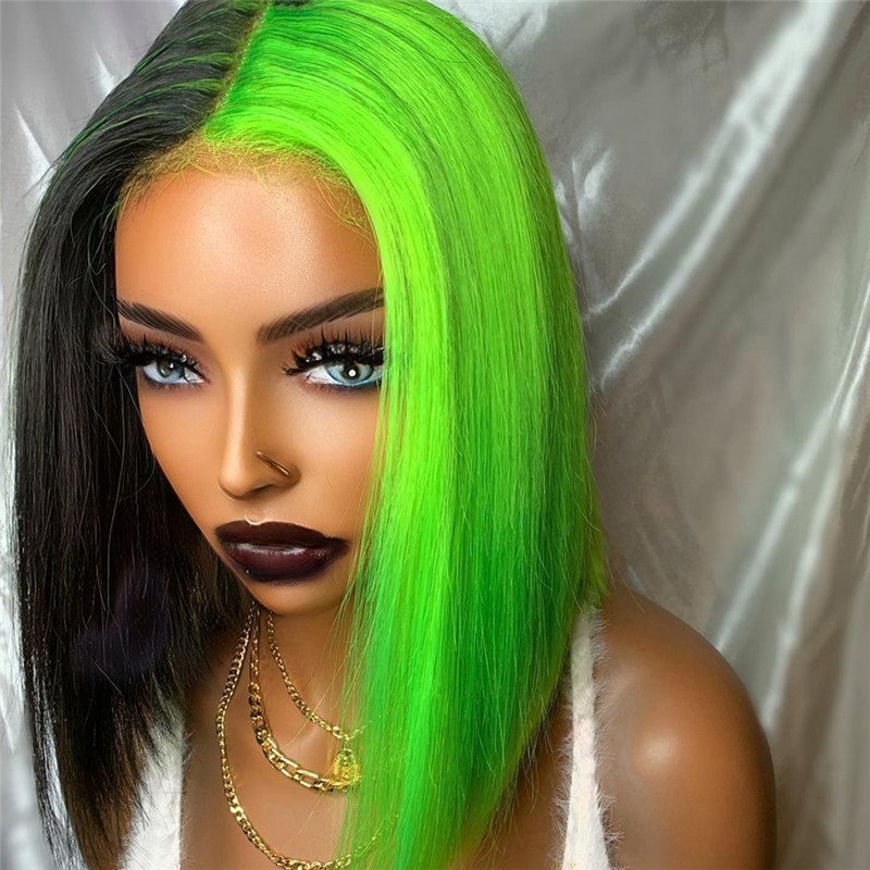 Bob Black Green Half and Half Lace Front Wig Brazilian Remy Straight Bob Colored Human Hair Wigs For Women Green Human Hair Wig