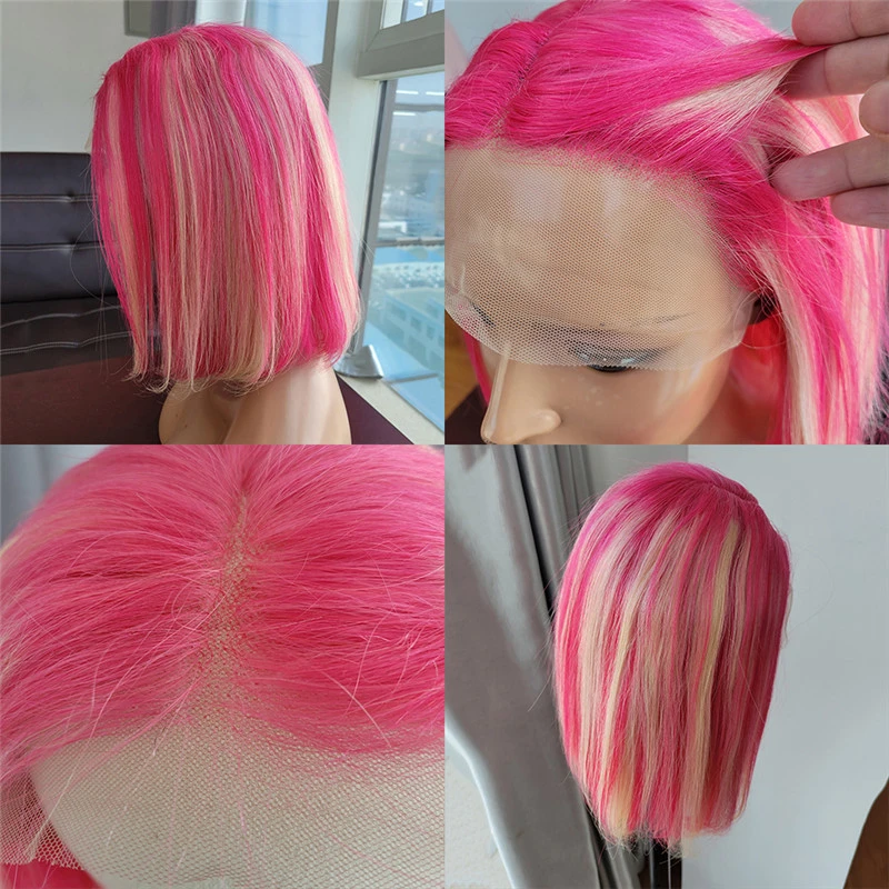 Bob Colored Human Hair Wigs For Women Brazilian Blonde Pink Highlight Bob Wig Lace Front Human Hair Wig Preplucked