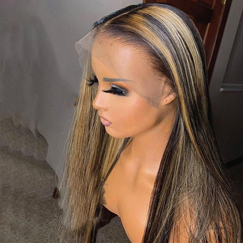 13x4 Straight Honey Blonde Highlighted Lace Frontal Wig With Bangs Brazilian 1B 27 Ombre Human Hair Wigs With Bangs Closure Wig