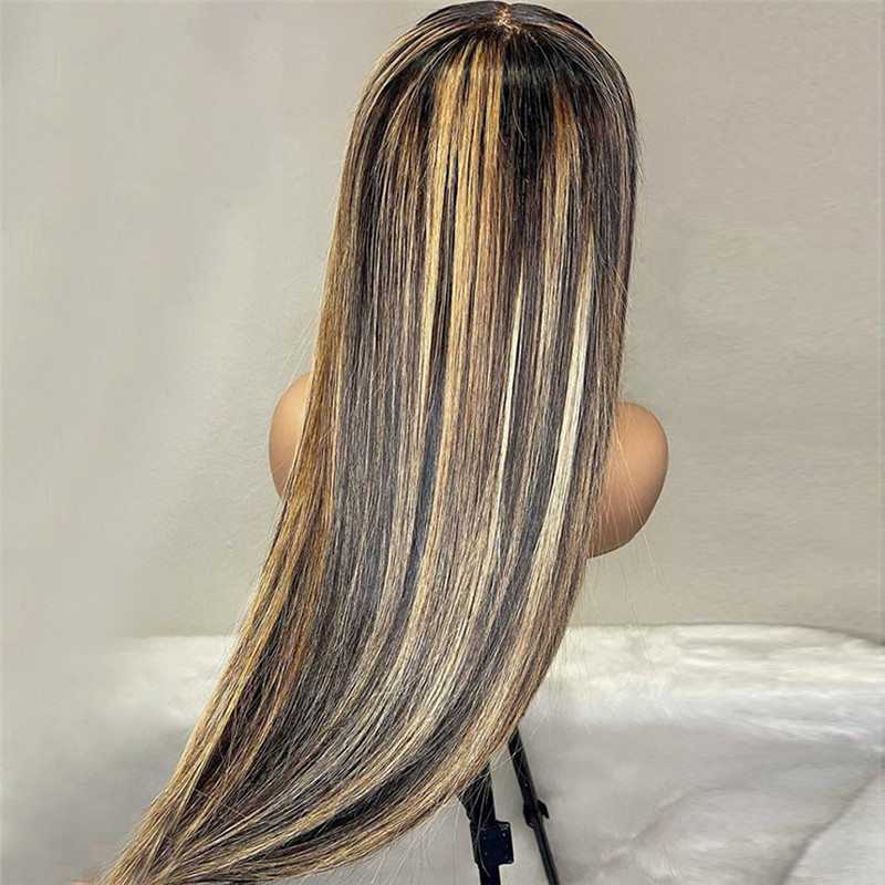 13x4 Straight Honey Blonde Highlighted Lace Frontal Wig With Bangs Brazilian 1B 27 Ombre Human Hair Wigs With Bangs Closure Wig