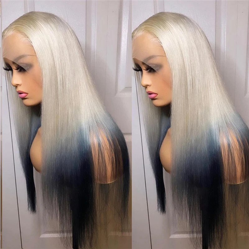 Straight Blue Colored Human Hair Wigs For Women Ombre Lace Front Wig Preplucked Brazilian Remy Lace Wig