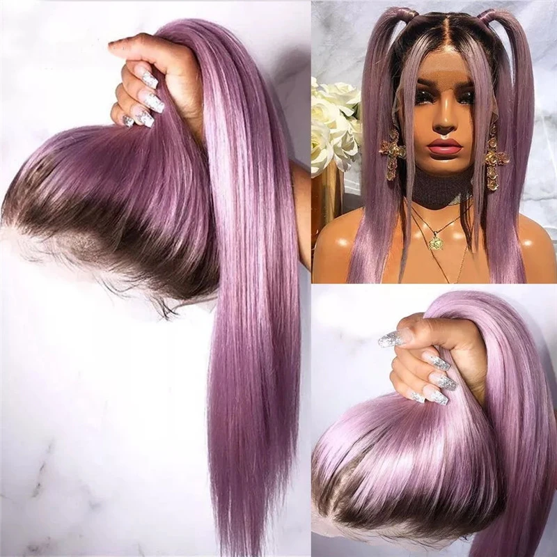 Lilac Purple With Dark Root Straight Lace Front Wigs Transparent Purple Lace Front Wig Straight Colored Human Hair Wigs For Women