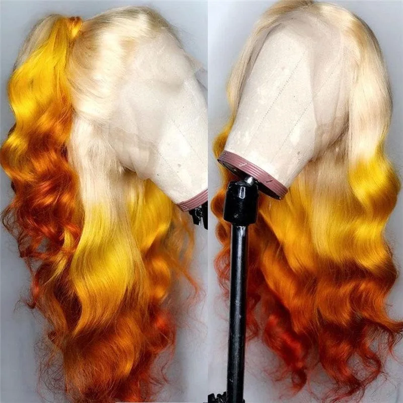 150% Body Wave  Yellow Omber Highlight Wig Brazilian 13x4 Lace Front Wig Honey Blonde Human Hair Wigs Part Lace Wigs For Women