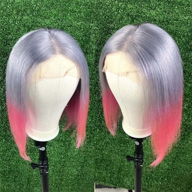 Transparent Lace Wigs Grey Pink Short Bob Human Hair Wigs Brazilian Remy Hair Wig Pre Plucked 150% Density