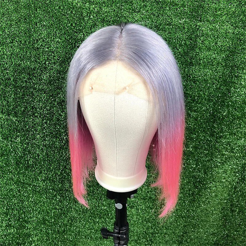 Transparent Lace Wigs Grey Pink Short Bob Human Hair Wigs Brazilian Remy Hair Wig Pre Plucked 150% Density