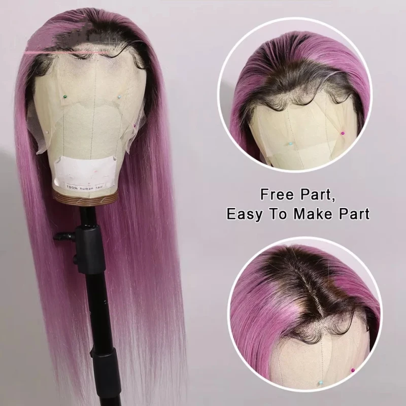 Lilac Purple With Dark Root Straight Lace Front Wigs Transparent Purple Lace Front Wig Straight Colored Human Hair Wigs For Women