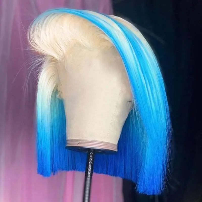 Bob Blue Colored Human Hair Wigs For Women Straight Ombre Lace Front Wig Preplucked Brazilian Remy Blue Bob Wig 150%