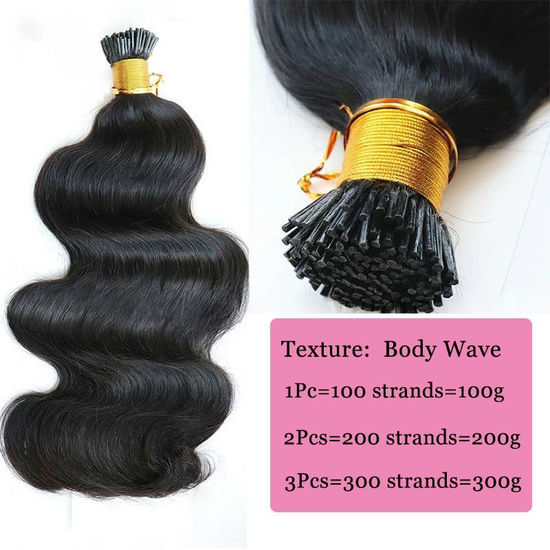 Body Wave I Tip Human Hair Extensions Microlinks Brazilian Virgin Hair Bulk 100% Human Hair Natural Black For Women Pwigs