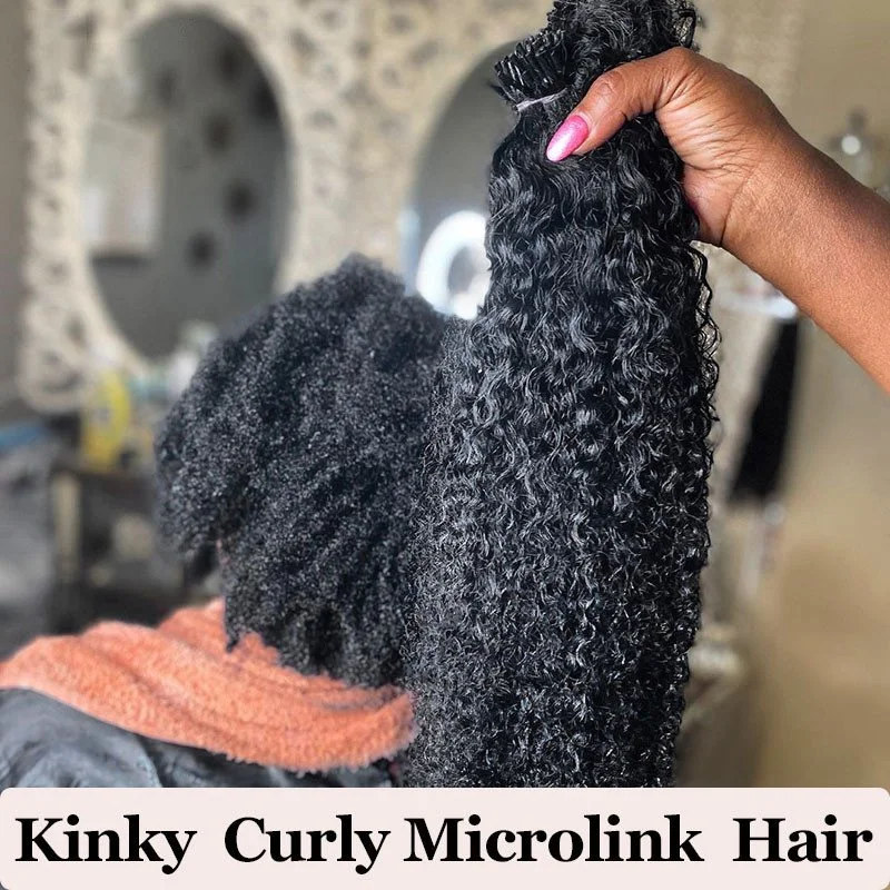 Mongolian Kinky Curly I Tip Microlinks Human Hair Extensions For Black Women Virgin Hair Bulk Hair Natural Black Pwigs