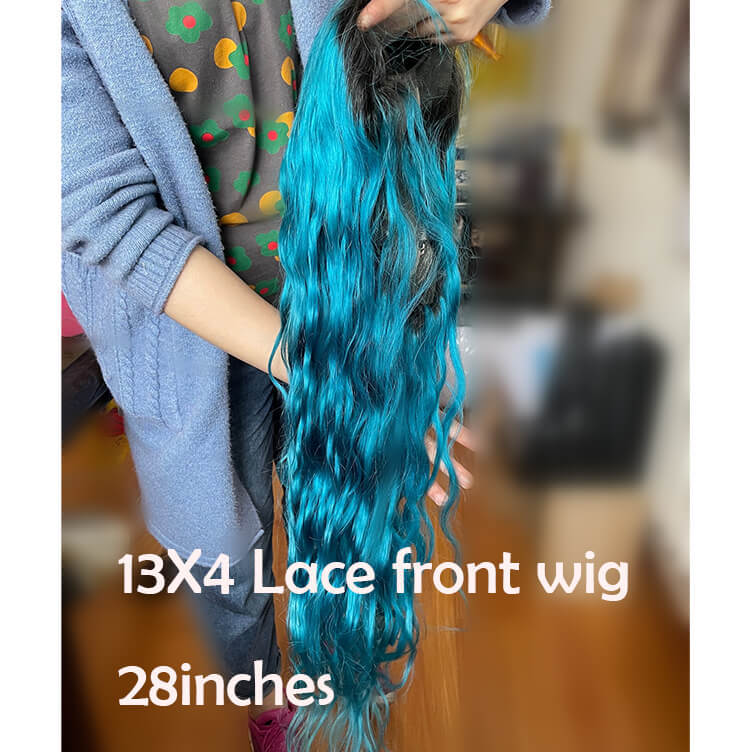 Peruvian Hair Blue Color With Dark Root Lace Front Wig