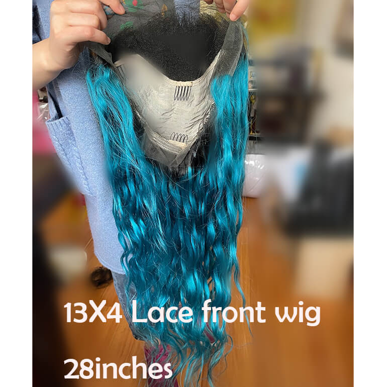 Peruvian Hair Blue Color With Dark Root Lace Front Wig