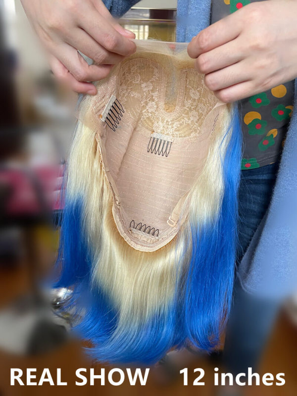 Peruvian Hair Blonde With Blue Ombre Color Lace Front Bob Wig