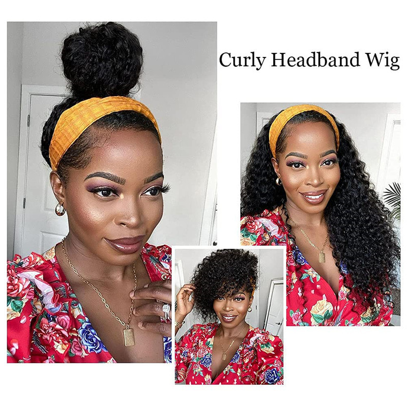 Kinky Curly Headband Wig Human Hair Wigs for Black Women Curly Headband Wigs Human Hair Glueless Brazilian Virgin Hair None Lace Front Wigs Remy Hair