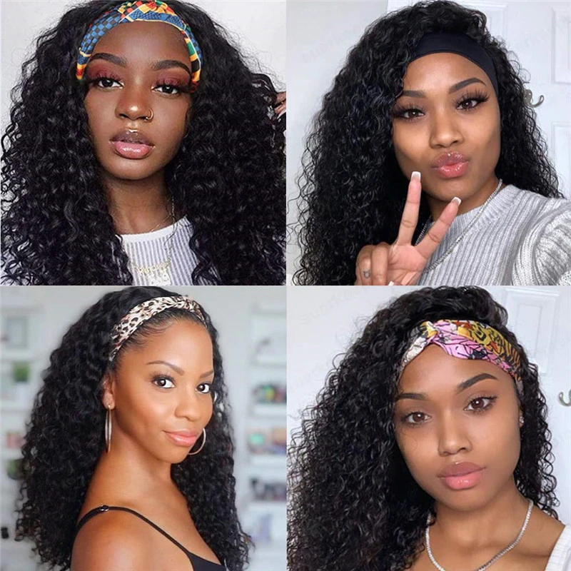 Headband Wigs Human Hair Deep Wave 16 Inch wigs Glueless Headband Wig Deep Wave None Lace Front Wigs Machine Made 150% Density Wigs Curly Hair