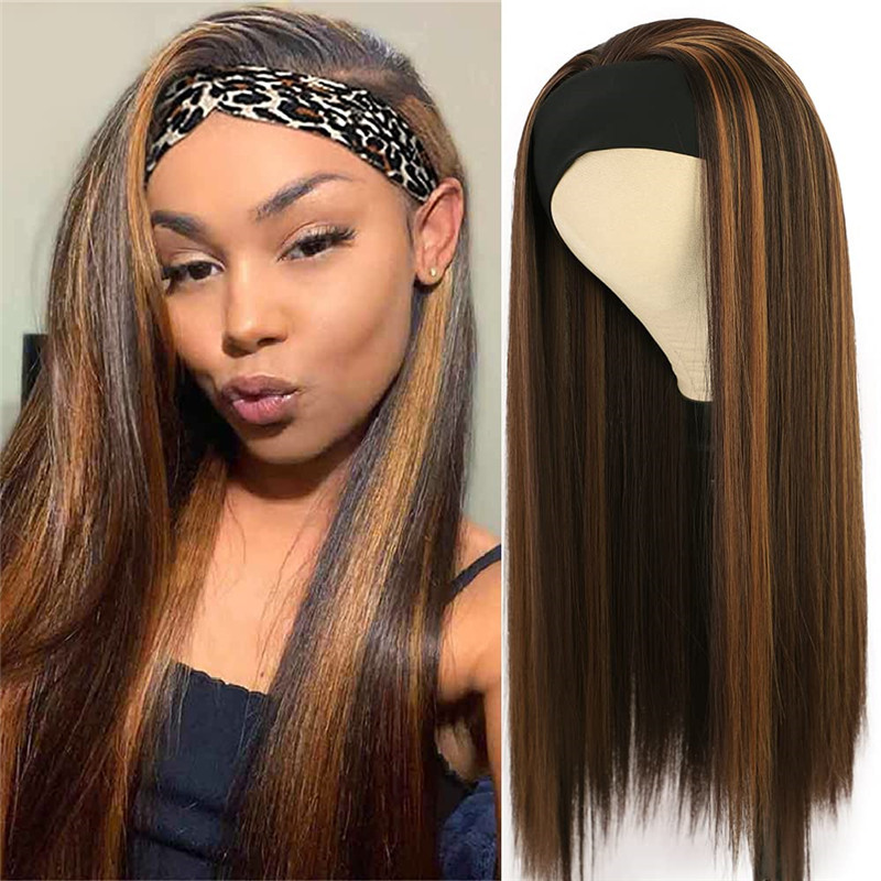 Straight Headband Wigs for Women Black Glueless Headband Wig Heat Resistant Fiber Natural Looking Headband Wig for Daily Use Half Wig
