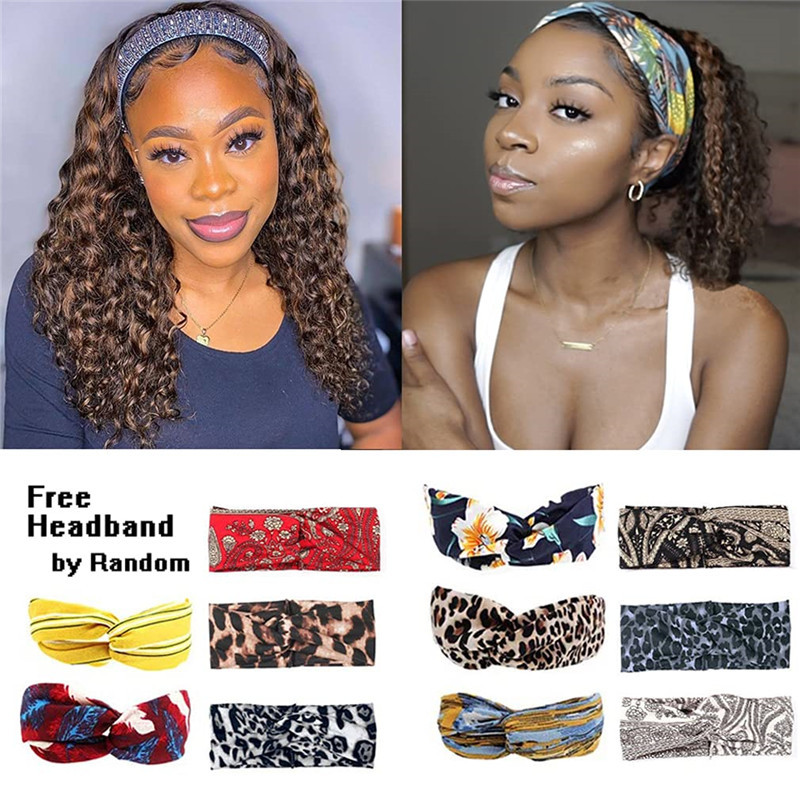 Ombre Highlight Headband Wigs Human Hair Wig for Black Women Brazilian 150% Density P4/27 Water Wave Curly Wig with Headband