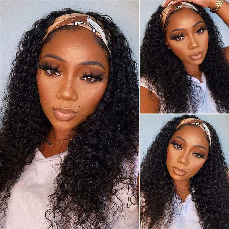 Headband Human Hair Wigs 180% Density Water Wave Curly None Lace Front Wigs for Black Women Glueless Deep Wave Machine Made Wigs