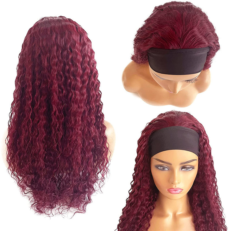 Highlights Headband Wig Human Hair Curly None Lace Front Wigs Deep Wave Natural Human Hair Wig Headband Attached Balayage Black with Auburn Highlights