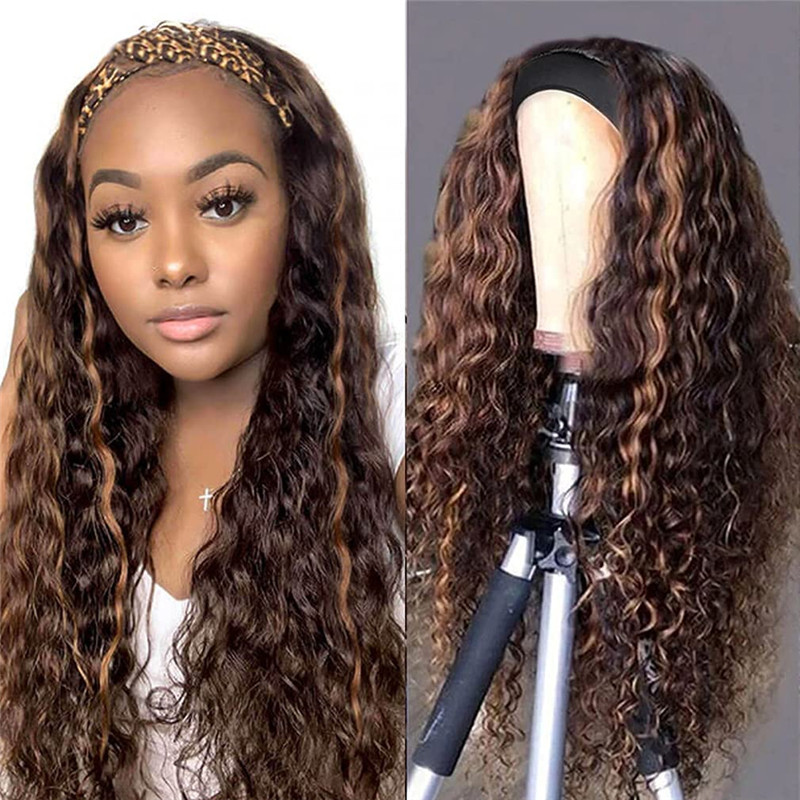 Ombre Highlight Headband Wigs Human Hair Wig for Black Women Brazilian 150% Density P4/27 Water Wave Curly Wig with Headband