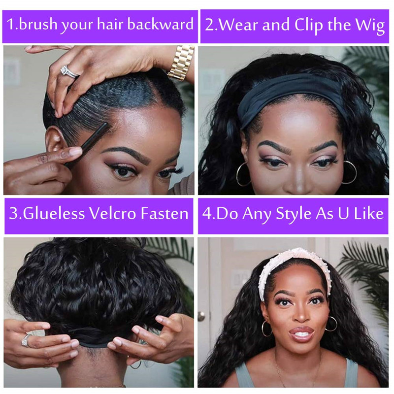 Headband Wig Deep Wave Human Hair Wigs for Black Women Glueless None Lace Front Wigs 150% Density Brazilian Human Hair Wigs Machine Made Headband Wigs