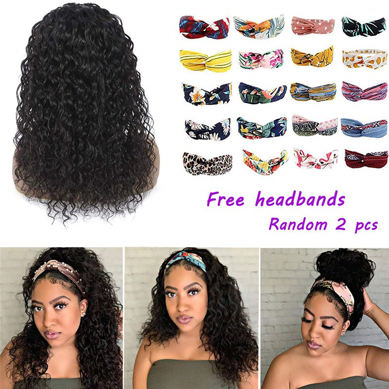 Headband Wig Human Hair Water Wave Headband Wigs Brazilian Virgin Hair Wet and Wavy Headband Wig Curly Human Hair Wigs for Black Women None Lace Front