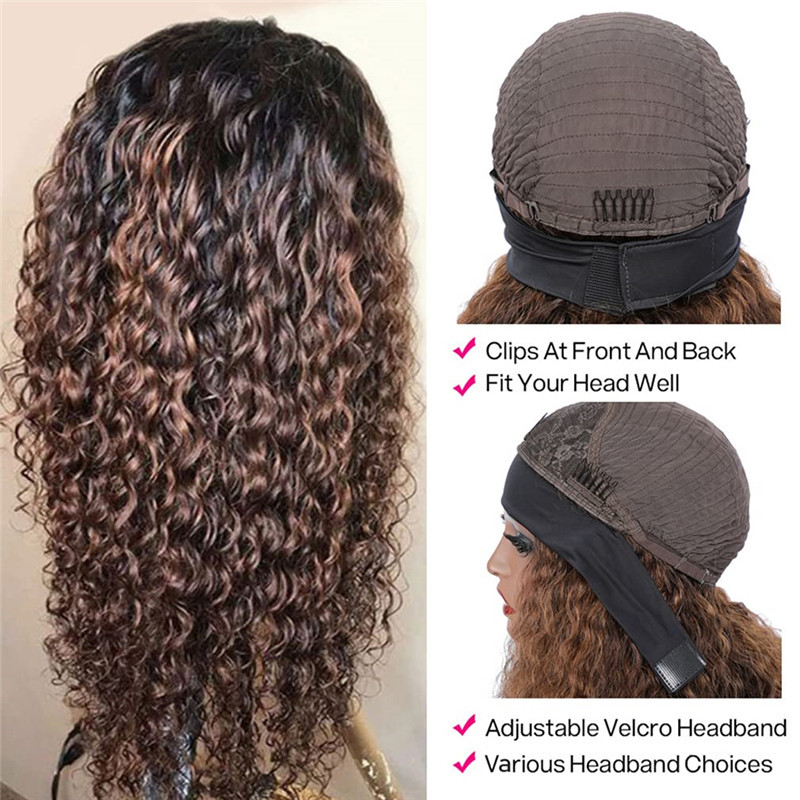 Curly Ombre Headband Wigs Human Hair Wig for Black Women P4/27 Black with Auburn Highlights Water Wave Wigs None Lace Front Attached Machine Made Wigs