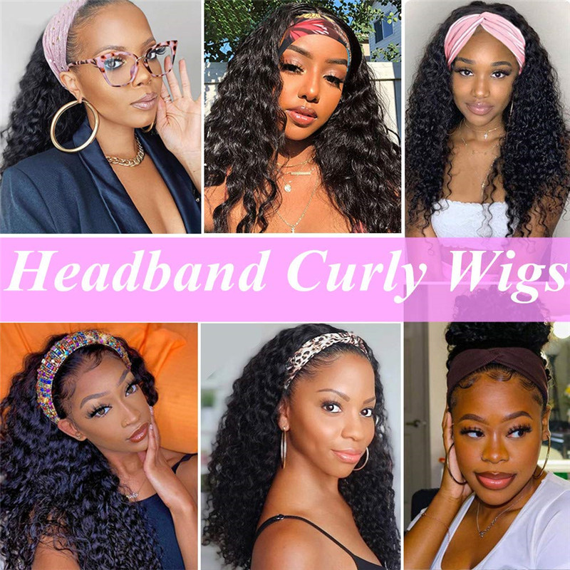 Headband Wig Deep Wave Human Hair Wigs for Black Women Glueless None Lace Front Wigs 150% Density Brazilian Human Hair Wigs Machine Made Headband Wigs