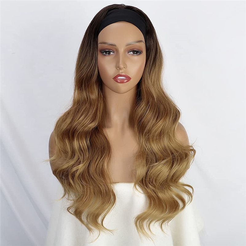 Long Wavy Brown Mix Blonde Headband Wig Highlight Body Wave Wigs for Black Women Girls Glueless Natural Looking High Density Heat Resistant Fiber Head