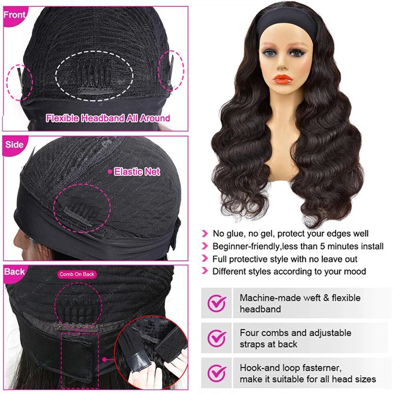 Headband Wigs For Black Women Water Wave Headband Wig Human Hair Band Wig Glueless None Lace Front Wigs Machine Made Easy Wear Wigs