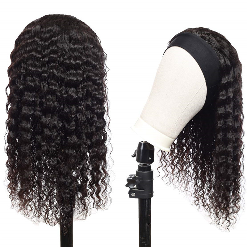 Headband Wig Deep Wave 18 inch Human Hair Wigs None Lace Front Wigs Virgin Hair Machine Made Wigs curly hair Headband for Black Women