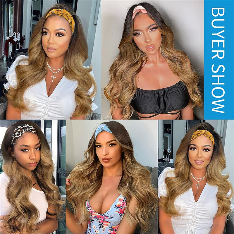 Long Wavy Brown Mix Blonde Headband Wig Highlight Body Wave Wigs for Black Women Girls Glueless Natural Looking High Density Heat Resistant Fiber Head