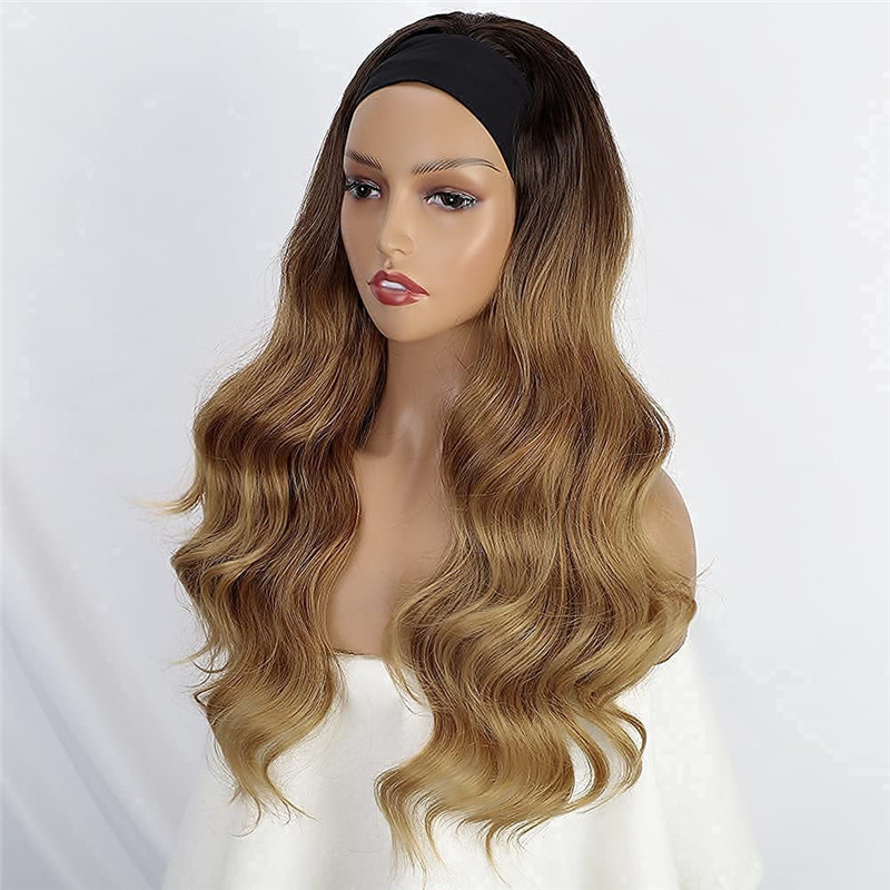 Long Wavy Brown Mix Blonde Headband Wig Highlight Body Wave Wigs for Black Women Girls Glueless Natural Looking High Density Heat Resistant Fiber Head