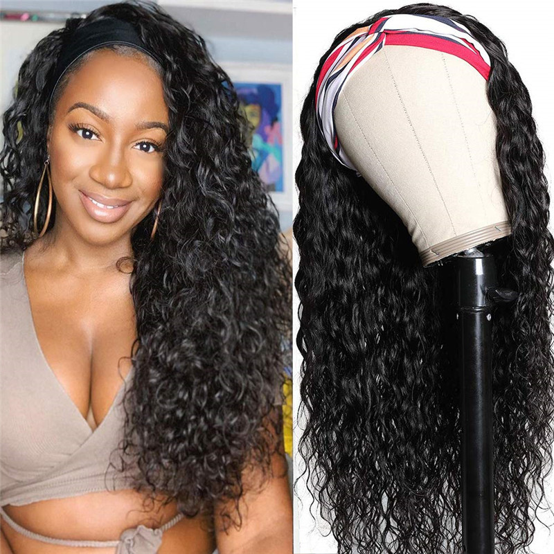 Headband Wig Human Hair Water Wave Headband Wigs Brazilian Virgin Hair Wet and Wavy Headband Wig Curly Human Hair Wigs for Black Women None Lace Front