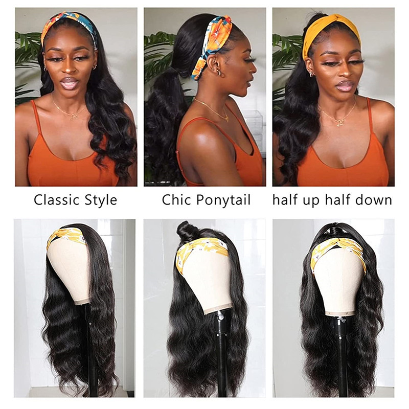 Headband Wigs for Black Women Body Wave Headband Wig Human Hair Wigs Brazilian Virgin Hair Machine Made Wigs Headband Wig 150% Density