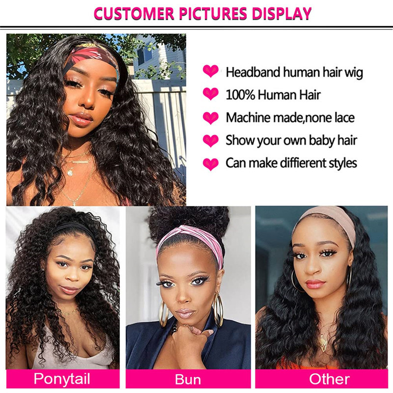 Headband Wig Human Hair Curly Headband Wig Glueless None Lace Front Wigs Machine Made Wigs,18 inch Virgin Human Hair Headbands wig for Black Women