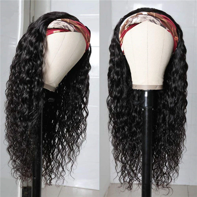 Headband Human Hair Wigs 180% Density Water Wave Curly None Lace Front Wigs for Black Women Glueless Deep Wave Machine Made Wigs