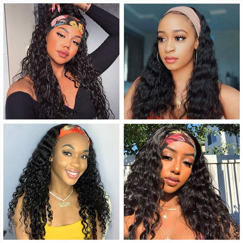 Headband Wig Human Hair Water Wave Headband Wigs Brazilian Virgin Hair Wet and Wavy Headband Wig Curly Human Hair Wigs for Black Women None Lace Front