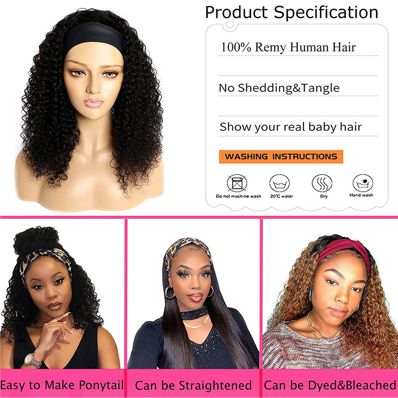 Kinky Curly Headband Wig Human Hair Wigs for Black Women Curly Headband Wigs Human Hair Glueless Brazilian Virgin Hair None Lace Front Wigs Remy Hair