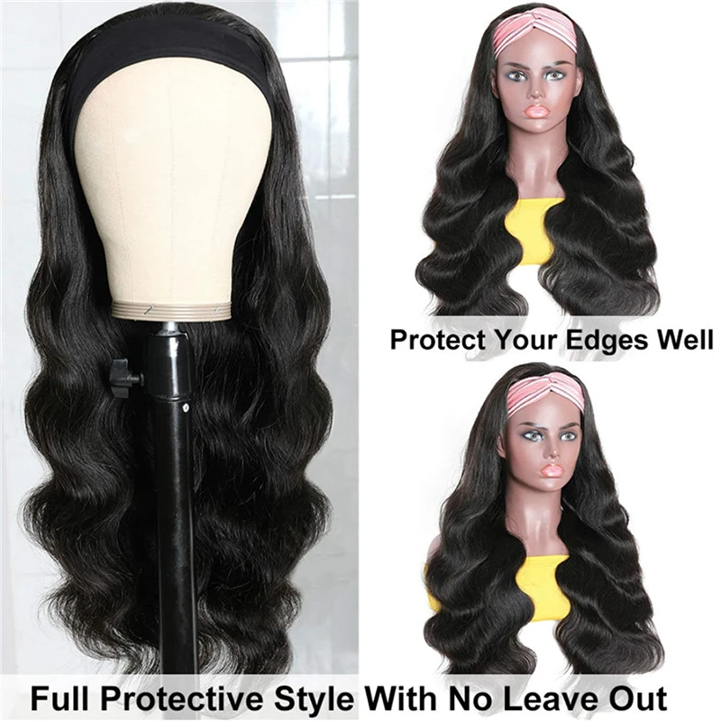 Headband Wigs for Black Women Body Wave Headband Wig Human Hair Wigs Brazilian Virgin Hair Machine Made Wigs Headband Wig 150% Density