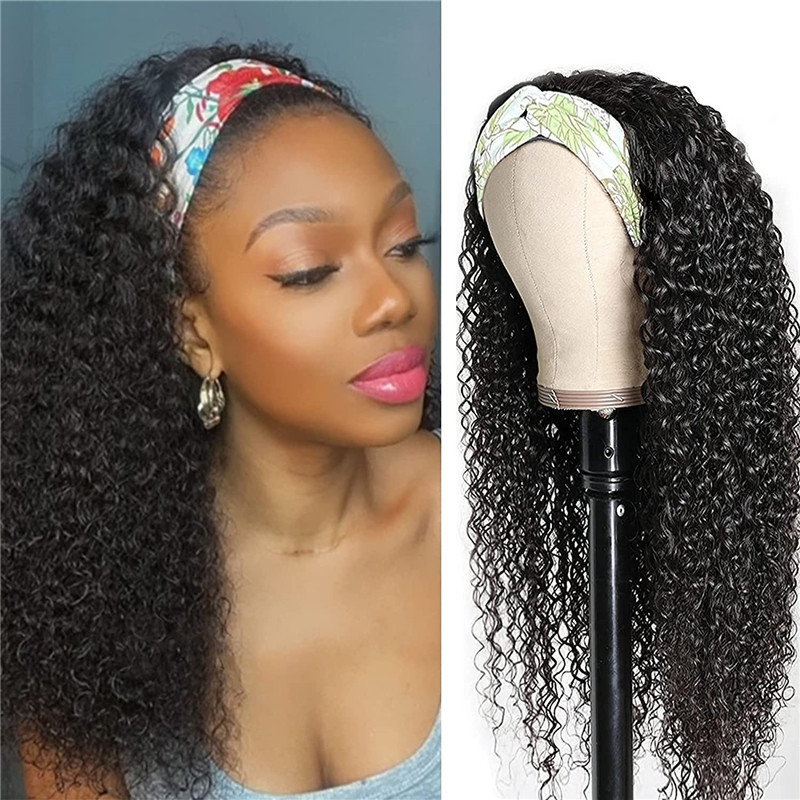 Kinky Curly Headband Wig Human Hair Wigs for Black Women Curly Headband Wigs Human Hair Glueless Brazilian Virgin Hair None Lace Front Wigs Remy Hair