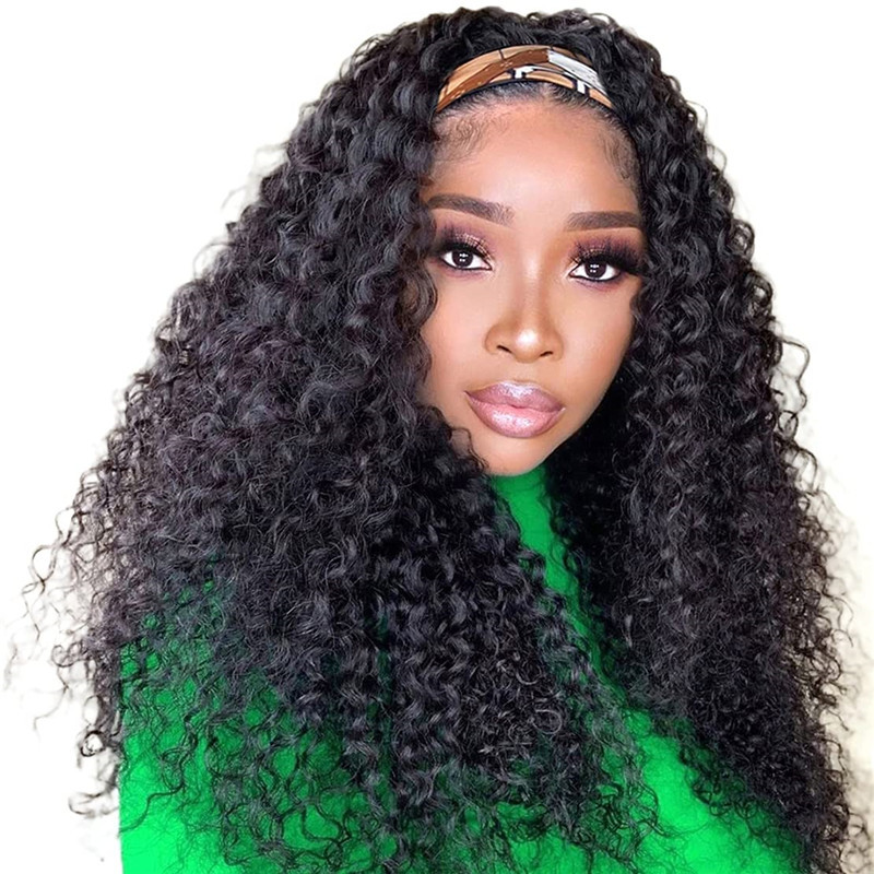 Headband Wig Deep Wave 18 inch Human Hair Wigs None Lace Front Wigs Virgin Hair Machine Made Wigs curly hair Headband for Black Women