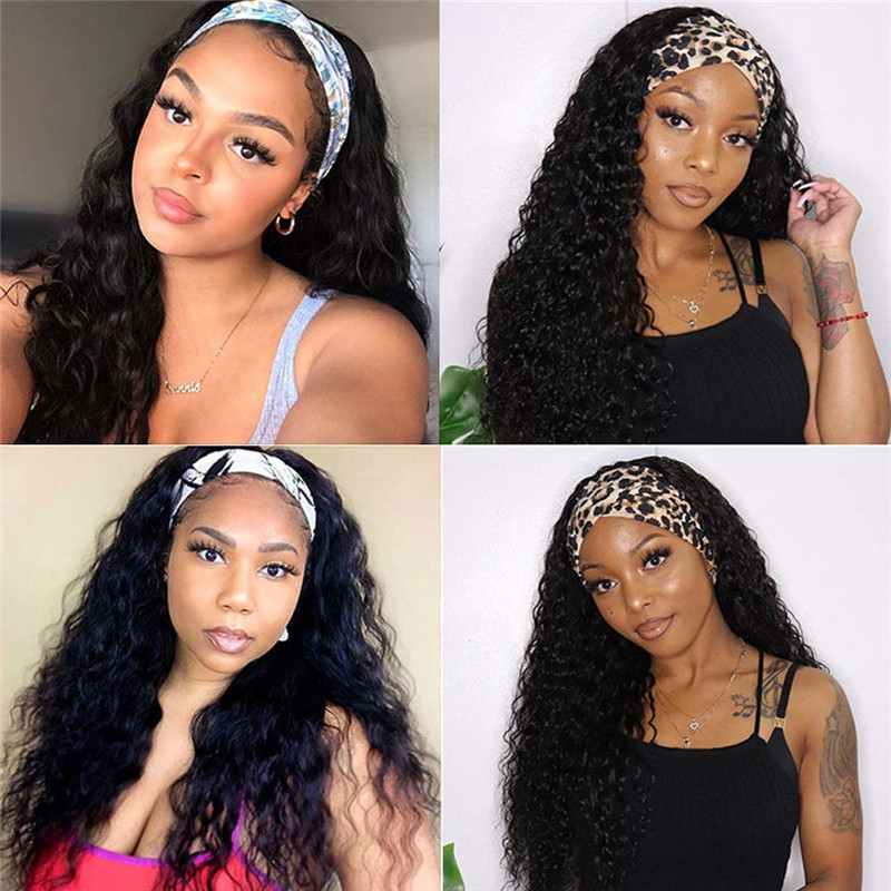 Headband Wig Deep Wave Human Hair Wigs for Black Women Glueless None Lace Front Wigs 150% Density Brazilian Human Hair Wigs Machine Made Headband Wigs