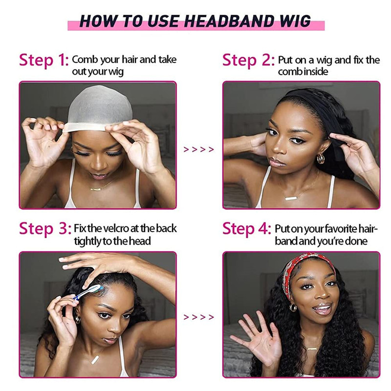 Headband Wig Human Hair Curly Headband Wig Glueless None Lace Front Wigs Machine Made Wigs,18 inch Virgin Human Hair Headbands wig for Black Women