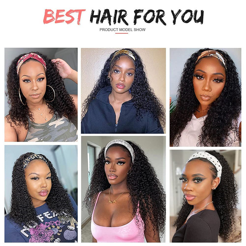 Kinky Curly Headband Wig Human Hair Wigs for Black Women Curly Headband Wigs Human Hair Glueless Brazilian Virgin Hair None Lace Front Wigs Remy Hair
