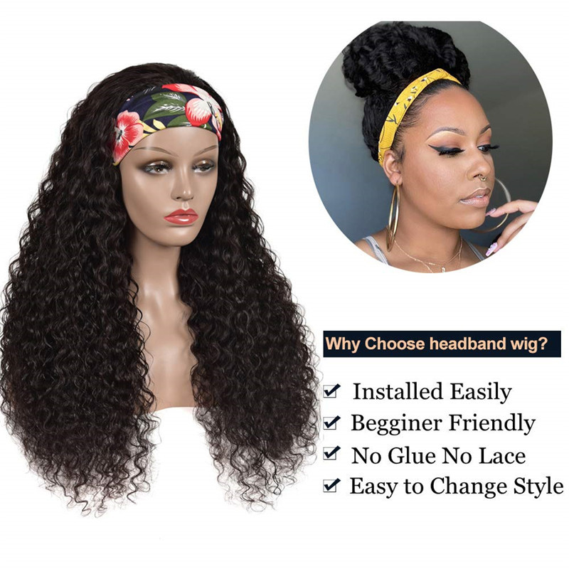 Headband Wig Deep Wave Human Hair Wigs for Black Women Glueless None Lace Front Wigs 150% Density Brazilian Human Hair Wigs Machine Made Headband Wigs