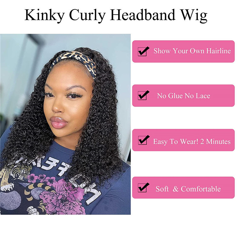 Kinky Curly Headband Wig Human Hair Wigs for Black Women Curly Headband Wigs Human Hair Glueless Brazilian Virgin Hair None Lace Front Wigs Remy Hair