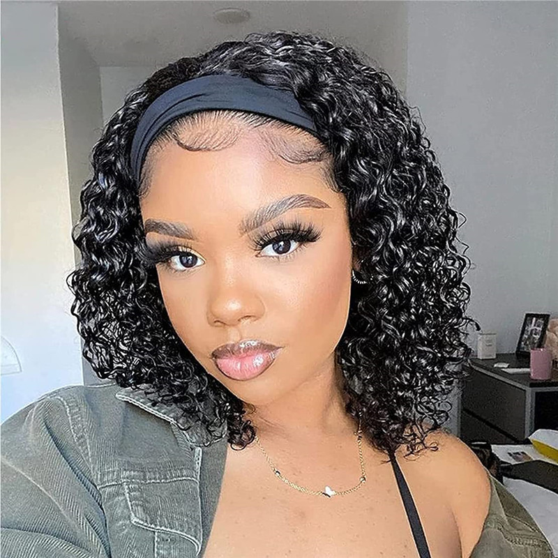 Headband Wig Deep Wave 18 inch Human Hair Wigs None Lace Front Wigs Virgin Hair Machine Made Wigs curly hair Headband for Black Women
