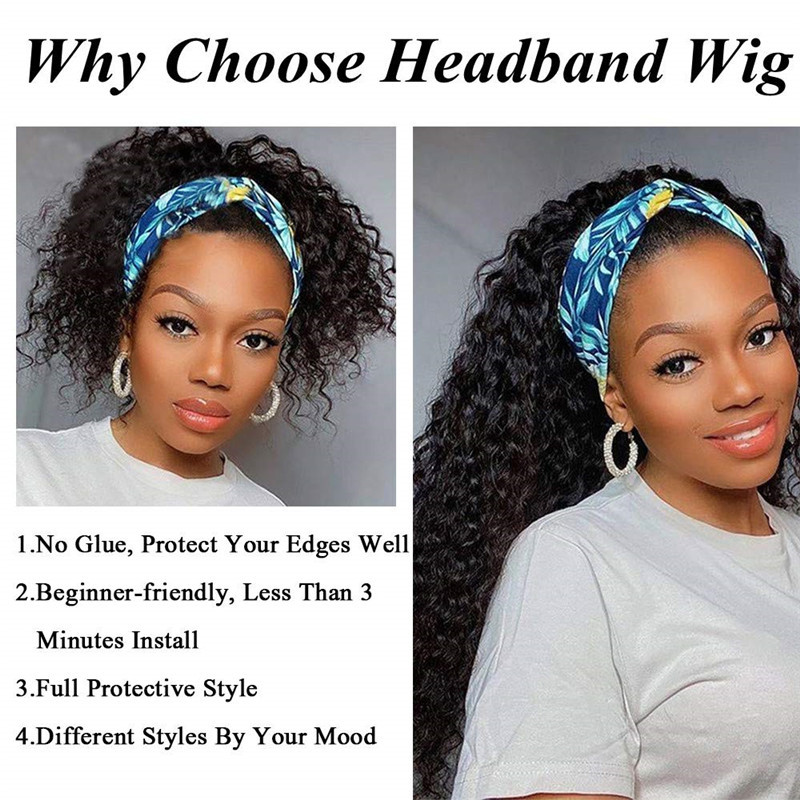 Headband Wig Deep Wave Human Hair Wigs for Black Women Glueless None Lace Front Wigs 150% Density Brazilian Human Hair Wigs Machine Made Headband Wigs