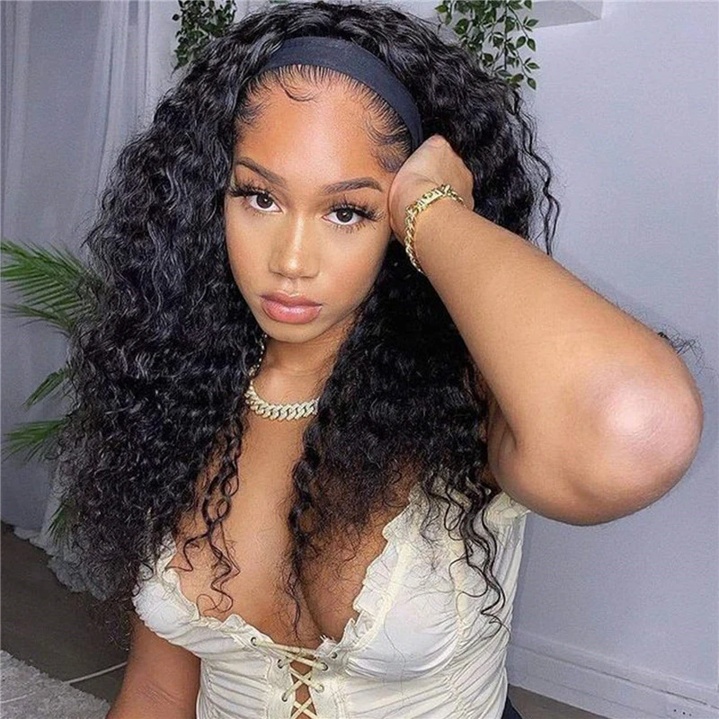 Headband Human Hair Wigs 180% Density Water Wave Curly None Lace Front Wigs for Black Women Glueless Deep Wave Machine Made Wigs